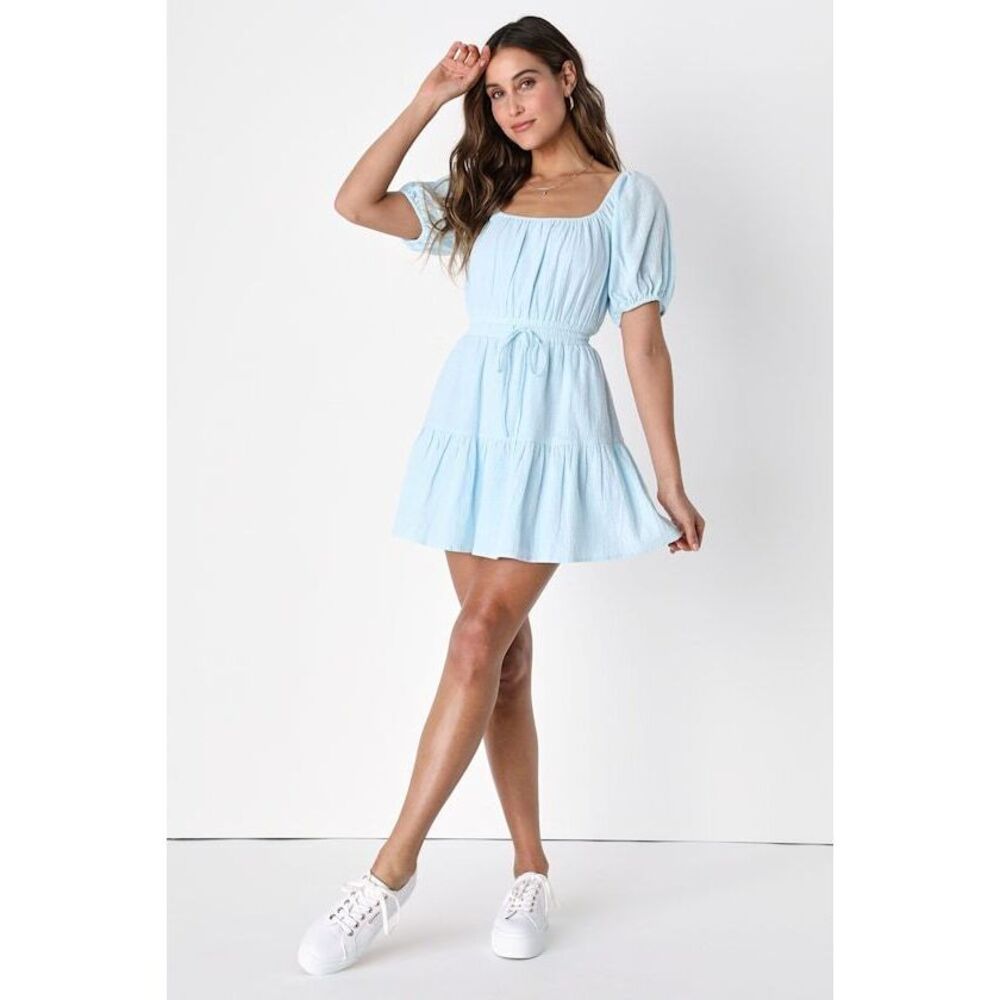 Lulus Sunny Day Feeling Light Blue Tiered Puff Sleeve Mini Dress - Size S